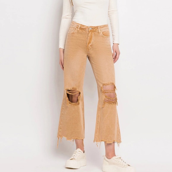 Vervet Denim - Vervet Women Mustard Tan Distressed Wide Leg High‎ Rise Jeans Size 27 e3